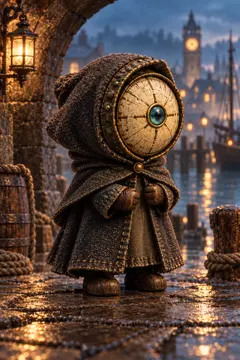 The Timekeeper, a small cloaked figure with a turquoise eye in a brass clock face, waiting beside the harbor